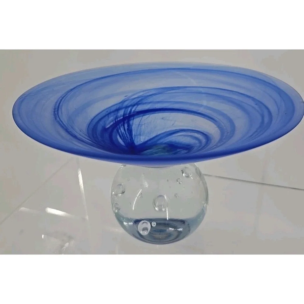 Satin blue Swirl Compote  Polished  Clear Glass Base W/ Bubbles 7